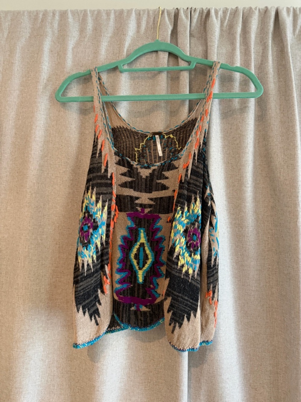 Free People Boho Aztec Knit Tank Top in Beige with Multicolor Pattern